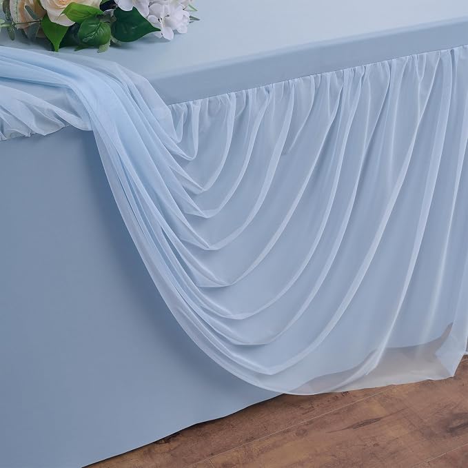 CO-AVE 2pack Dusty Blue Tulle Tablecloth for 6 Foot Rectangular Tables, 2-in-1 Elastic Stretch Spandex Cover with Tutu Ruffle Skirt, Wrinkle Free for Wedding, Birthday, Banquet, Buffet, Bridal Shower - Image 7