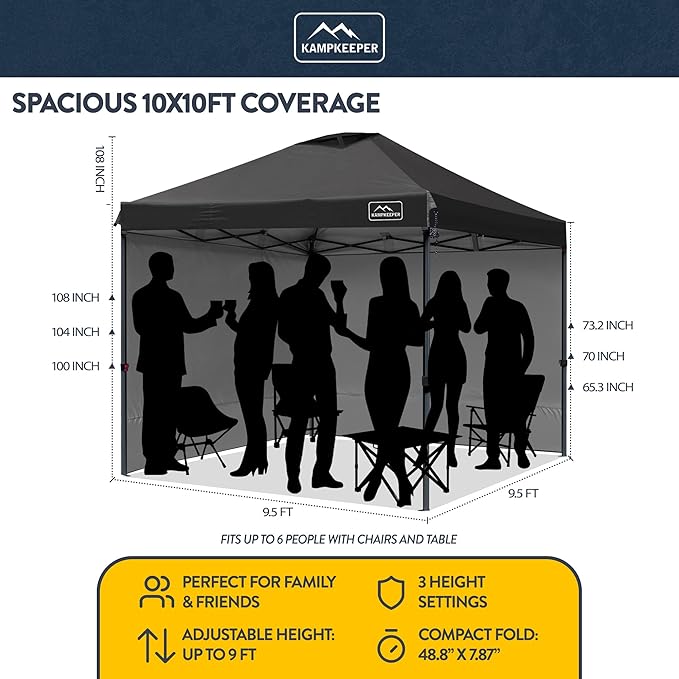 KAMPKEEPER 10x10 Pop-Up Canopy Tent, Waterproof, Portable Shade with Side Walls, Adjustable Instant Outdoor Shelter for Camping, Backyard, and Events, Black