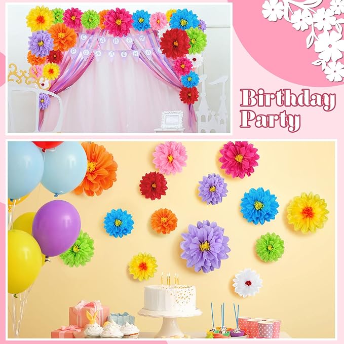 Geyee 54 Pcs Mexican Fiesta Tissue Paper Flowers Party, 8" 10" 12" | Large Colorful Crepe Flower, Mexican Fiesta Party Decorations, for Backdrop Wall Decor, Birthday Wedding Carnival Craft Decor - Image 6