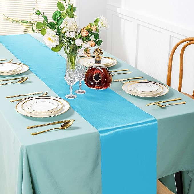 SI Pack of 5 Wedding 12 x 108 inch Satin Table Runner for Wedding, Decorations for Graduations, Engagements, Birthday Parties, Banquets, Runners fit Rectangle, Round Table - Sky Blue - Image 2