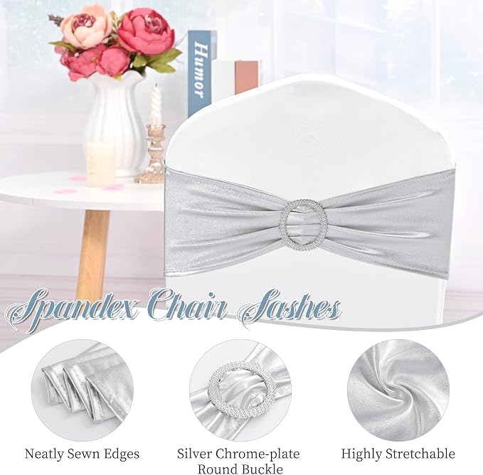 Spandex Chair Sashes Bows 100 PCS Metallic Silver - Image 3