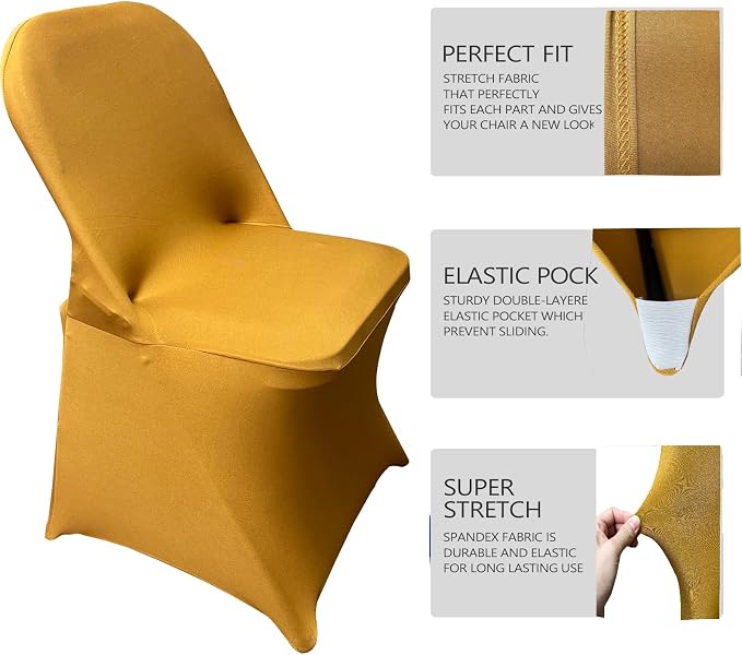 HAINARverS Stretch Spandex Folding Chair Covers, Gold, 30 PCS | Universal Fitted Chair Cover Protector for Wedding,Party, Banquet, Holidays, Celebration, Decoration - Image 2