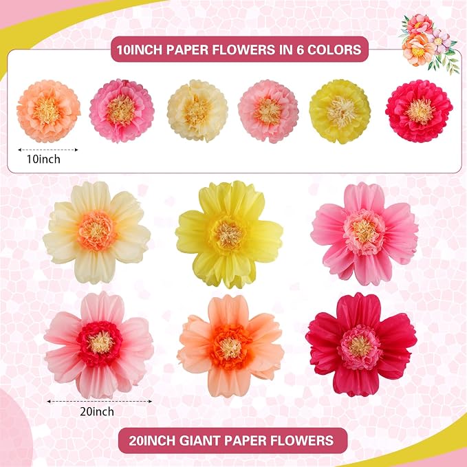 Crowye 24 Pcs Large Tissue Paper Flower Decor,10'' 20'',Fresh Color | Giant Craft Crepe Paper Flower, Colorful, for Wall Decorations Backdrop Mexican Wedding Birthday Carnival School Party - Image 2