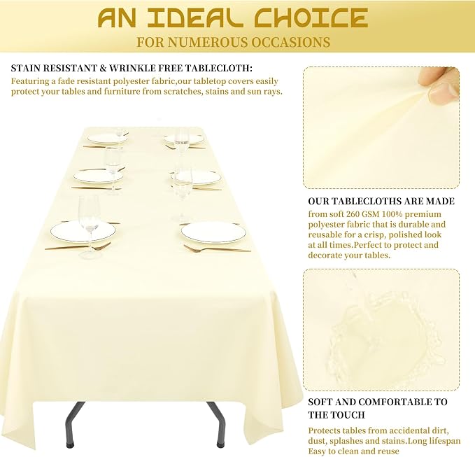 Showgeous 60x102 Inch Beige Rectangle Tablecloth 6 Pack Fit 6FT Table | Stain Rectangule Polyester Table Cloth Wrinkle Resistant Washable Fabric Table Covers for Wedding Dining Parties - Image 5