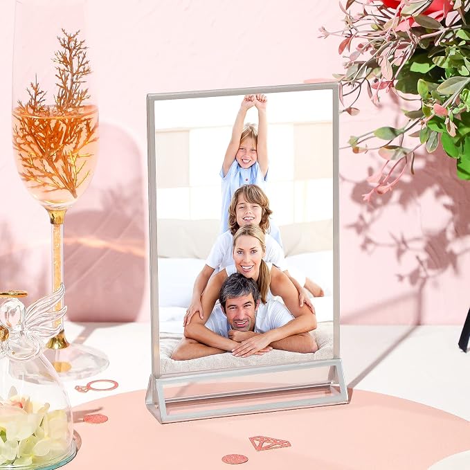 Blulu 12 Pack Acrylic Sign Holder Double Sided Picture Frame Wedding Table Number Stands with Border and Vertical Clear Display Menu Holders for Wedding Party Restaurant(4 x 6 Inch,Silver) - Image 5