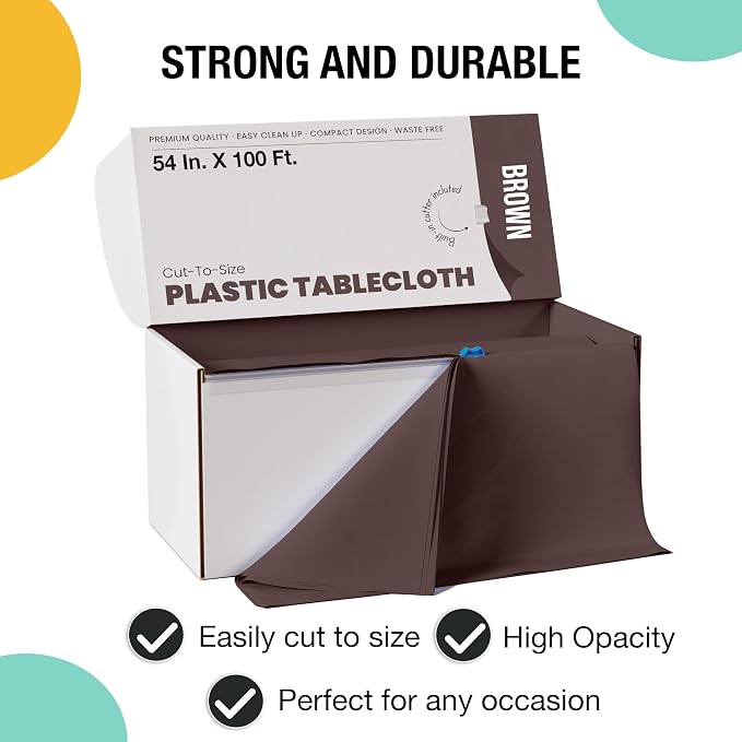 Exquisite Party Solids 54 Inch X 100 Feet Brown Plastic Table Cover Roll in A Cut - to - Size Box with Convenient Slide Cutter. Cuts Up to 12 Rectangle 8 Feet Plastic Disposable Tablecloths - Image 3