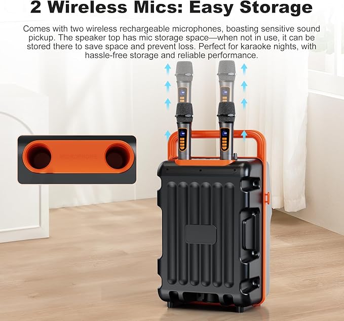 Karaoke Machine with 10.1” Built-in Screen, Bluetooth Speaker with Lyrics Display, Wireless Screen Mirroring for iOS & Android, PA System with Lights, 2 Rechargeable Mics, 5400mAh, Perfect for Parties