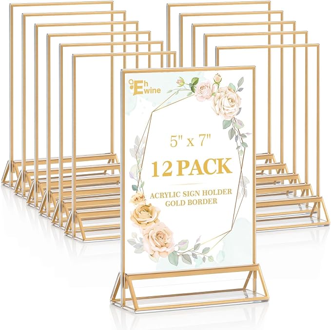 EHWINE 12 Pack 5x7 Gold Acrylic Sign Holders, Double-Sided Tabletop Stand | Clear Double-Sided Acrylic Display with Gold Border and Non-Slip Mats for Menus, Flyers, Photos, Weddings and Events by EHWINE