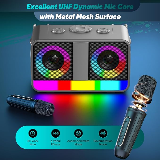 Karaoke Machine,Real 35W Portable Speaker,8H Long Time, 2Rechargeable Wireless Microphones,LED,Karaoke Machine for Adults & Kids,BT/FM/USB/TF/AUX,for Home Party/Outdoors(CHJ171-SilverGray)