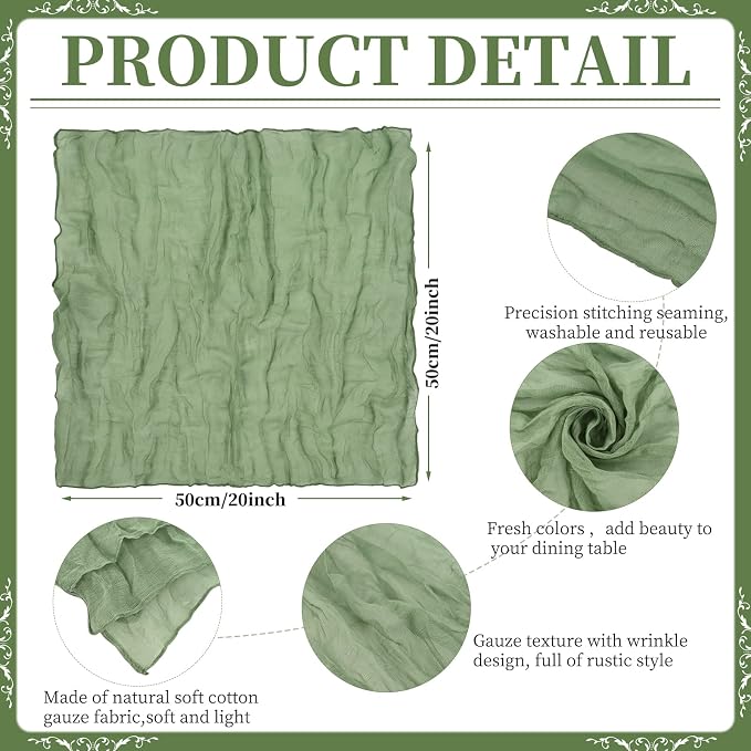 Pesonlook 96 Pcs Sage Green Cheesecloth Napkins for Wedding,20 x 20 Inch | Rustic Boho Wrinkled Napkins Bulk ,Washable Cloth Dinner Napkins for Dinner,Family Everyday Use/Parties - Image 4