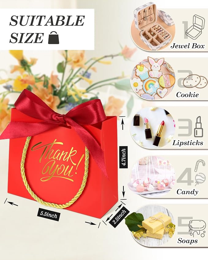 EQOREIIN 30 Pack Small Thank You Gift Bags with Handles & Ribbon, Red | 5.5 x 2.4 x 4.7 Inches Mini Gift Bags for Girls Kids Birthday Mother's Day Wedding Christmas Goodie Candy Party Favors - Image 2