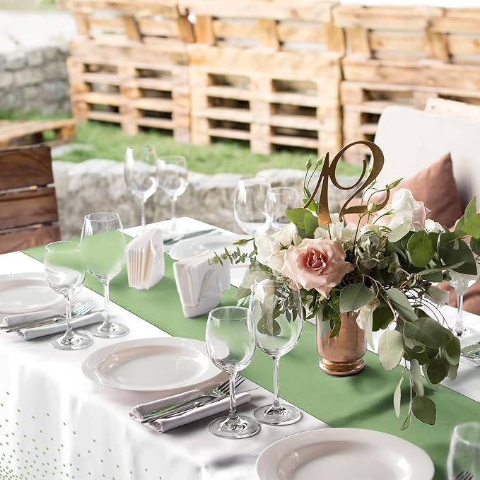 16Pack Plastic Tablecloths and Satin Table Runner Set Disposable White and Sage Green Dot Table Cloth Green Satin Table Runner for Wedding Birthday Baby Shower Anniversary Holiday Party Decorations - Image 4