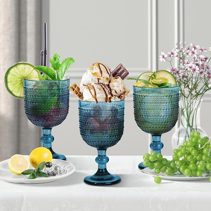 12 oz Blue Vintage Wine Glasses,Hobnail Drinking Glasses Set of 4,Embossed Goblet Glasses for Wedding,Party, Dinner,Bar
