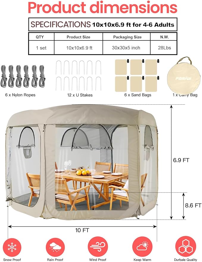 Porayhut Pop up Bubble Tent Screen House 10’X10’Large Camping Sun Shelter,Weather and Cold Proof Pod with Detachable Sunshade Cloth,Waterproof Floor,2 Zipper Doors & 4 Mesh Breathable Windows