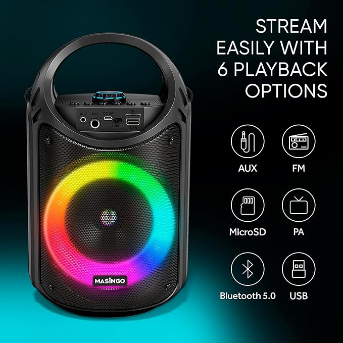 MASINGO Karaoke Machine for Kids and Adults with 1 Wireless Karaoke Microphone and 1 Wired Mic, PA Portable Speaker with LED Lights, Supports TF Card/USB, AUX/MIC in, TWS for Home Party, Burletta C10