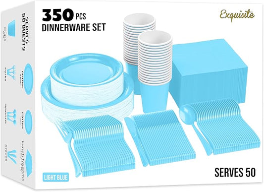 Exquisite Light Blue Paper Plates Set 350 Pcs 50-9" & 50-7" Party Plates | Sturdy Paper Dinnerware Set With 9" & 7" Light Blue Plates for Party, Dinners, Everyday & Birthday Supplies by Exquisite