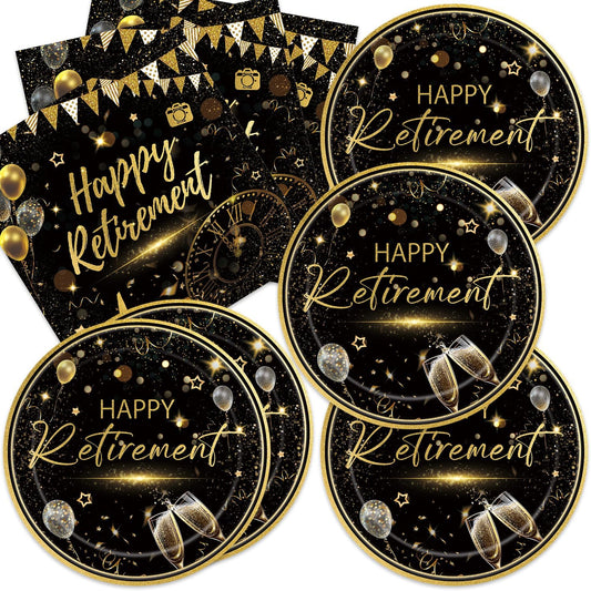 40pcs Happy Retirement Party Supplies Decorations Set, Black Gold Happy Retirement Plates and Napkins for Men and Women, Suitable for 20 Guests