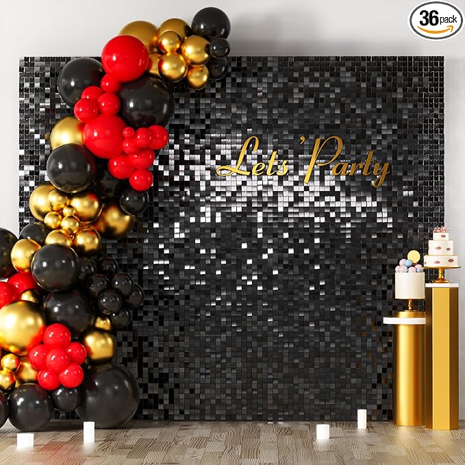 COKAOBE Black Shimmer Wall Backdrop, 36PCS Square Sequin Shimmer Backdrop Panel, Photo Backdrops for Birthday, Anniversary, Wedding, Graduation & Bachelorette Party Decoration by COKAOBE