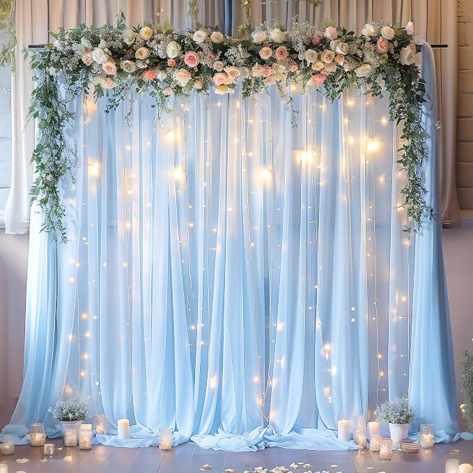 30ft x 8ft Blue Backdrop Curtain Panels with Lights String for Parties, Sheer Tulle Wedding Backdrop Drapes for Baby Shower Birthday Party Home Decorations - Image 4