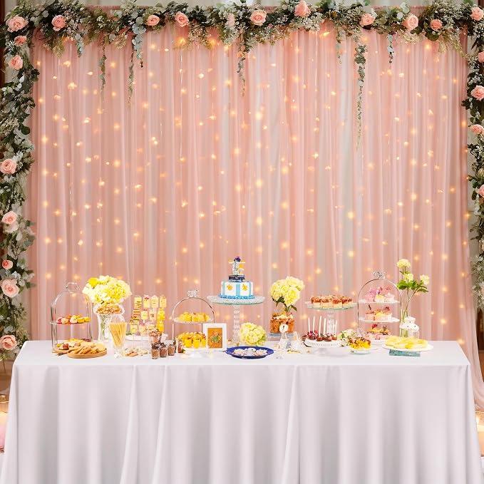 10ft x 8ft Peach Backdrop Curtain with Lights String for Parties, Sheer Tulle Wedding Photo Backdrops Drapes for Baby Shower Birthday Party Decorations Background for Photography - Image 3