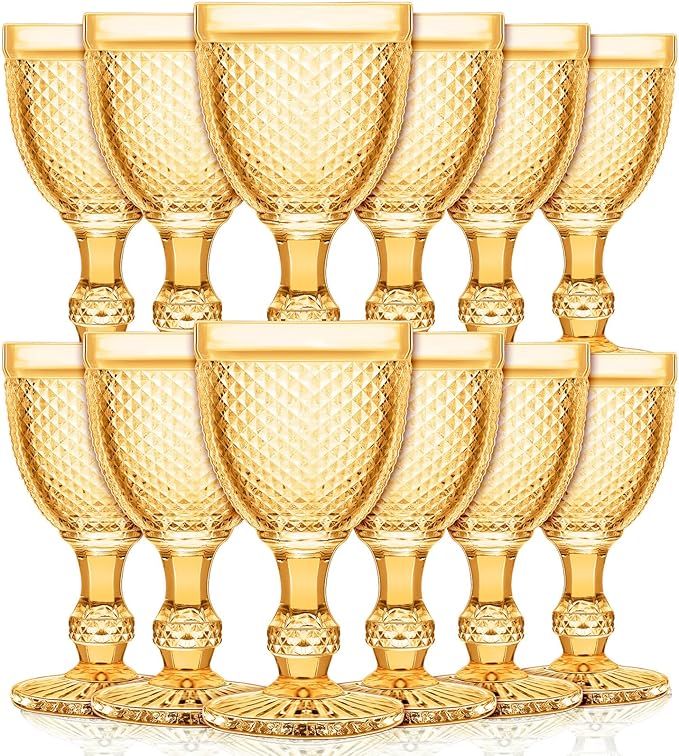 Bokon 12 Pack Amber Glass Goblets Set 10 oz High Clear Wine Glass Vintage Water Goblets Cups Embossed Diamond Design Glassware with Stem for Drinking Juice Liquor Party Wedding Bar