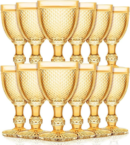 Bokon 12 Pack Amber Glass Goblets Set 10 oz High Clear Wine Glass Vintage Water Goblets Cups Embossed Diamond Design Glassware with Stem for Drinking Juice Liquor Party Wedding Bar