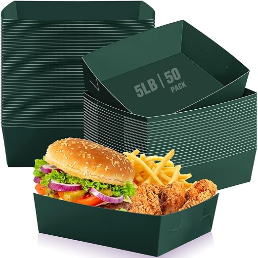 Uiifan 50 Pcs 5 lb Extra Large Paper Food Trays Disposable Food Boat Nacho Plate Serving Snack Trays Grease Resistant Self-assembly for Back to School Party Birthday Wedding Supply (Dark Green) by Uiifan