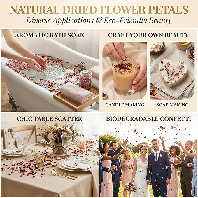 Sukh 8Packs Dried Flower Petals - Biodegradable Wedding Confetti,Natural Real Dried Flower Rose Petal Wedding Confetti for DIY Spa Bath Salts,Soap Making,Candle,Resin Jewelry Crafts,Party Decoration