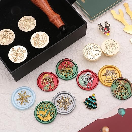 SWANGSA Christmas Wax Seal Stamp Gift Box Set, Vintage 6 Sealing Stamp Heads + 1 Wooden Hilt, Wax Stamp Kit for Christmas Party Invitations, Cards and Gift Packaging (Christmas Kit)