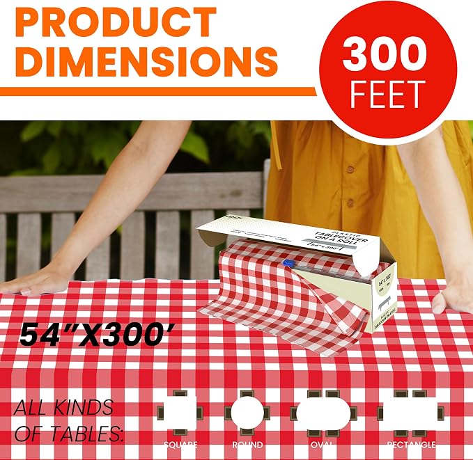 LEMON + Co. Red Gingham Premium Plastic Tablecloth Roll - 54" x300' for Parties with Cutter Box - Cut to Size Rectangle & Round Disposable Tablecloth Plastic Table Cover - Image 4
