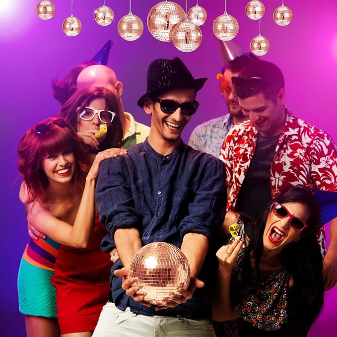 WILLBOND 12 Pack Disco Ball Mirror Ball with Hanging Ring for Fun Retro Disco Party Decorations Party Dj Lighting Effect Stage Props Game Accessories, 5.91", 3.94", 3.15", 2.36"(Rose Gold)