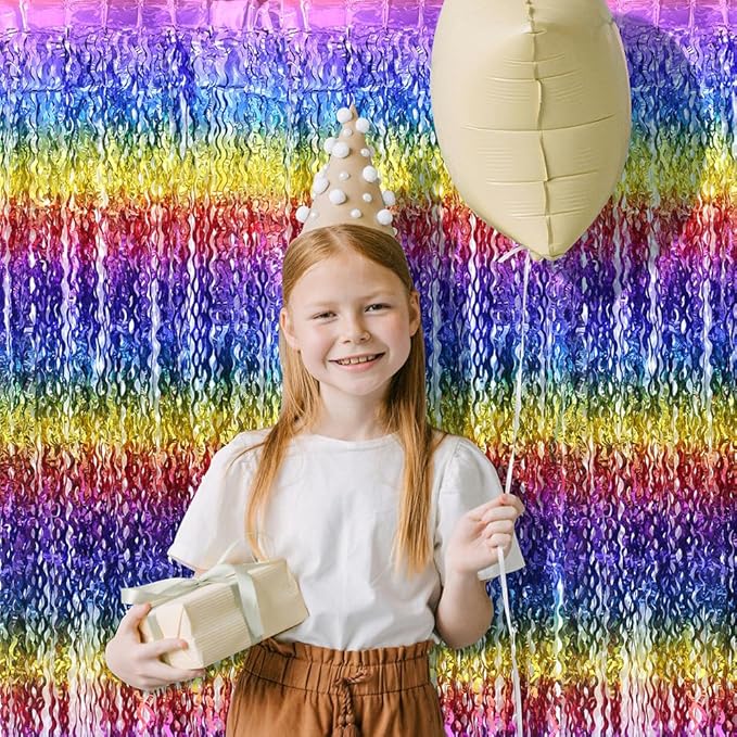 Rainbow Color Fringe Curtain Tinsel Streamer For Birthday Wedding Valentines Baby Shower, 4 Pack 6.56*3.28 FT Wave Metallic Tinsel Backdrop Party Streamers Backdrop Garland Photo Booth Door Decoration
