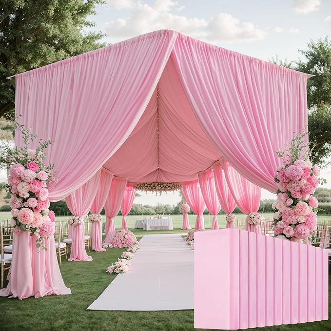 12 Panels 5x20ft Pink Ceiling Drapes for Wedding Parties, Wrinkle Free Thick Polyester 20ft Extra Long Wedding Draping Tent Ceiling Curtains Arch Drapery for Birthday Party Canopy Tent Decor by Htper