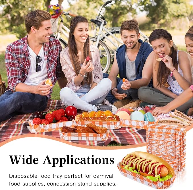 Yinkin 300 Pcs Paper Hot Dog Trays Food Trays 6 Inch,Orange,Checkered | Checkered Boats for Concession Stands Disposable Hot Dog Holder Halloween Christmas Party Carnival Supplies Serving Holders - Image 6