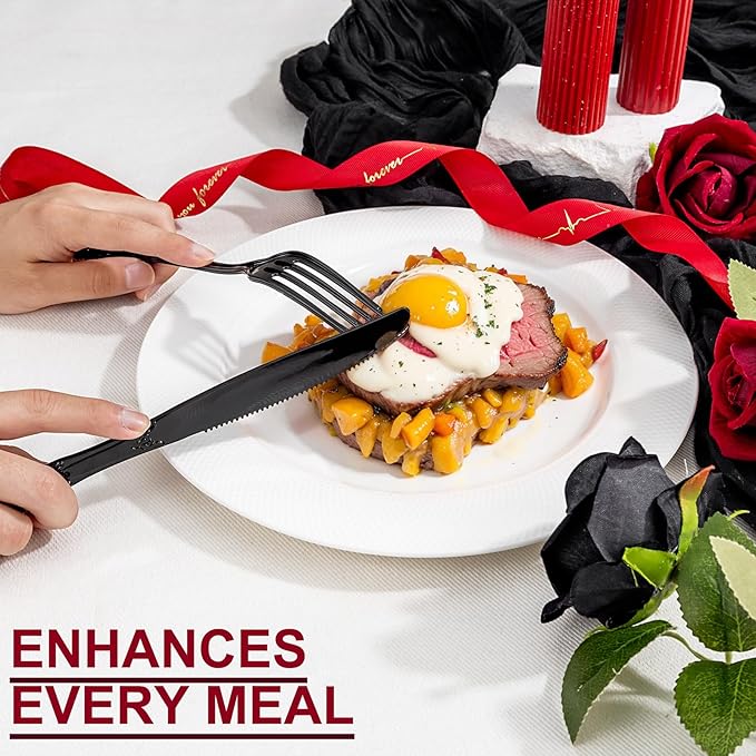 150PCS Black Plastic Silverware - Heavy Duty Disposable Cutlery Sets - Fancy Plastic Utensils Flatware Include 50 Forks, 50 Spoons, 50 Knives for Catering, Dinners, Weddings, Party