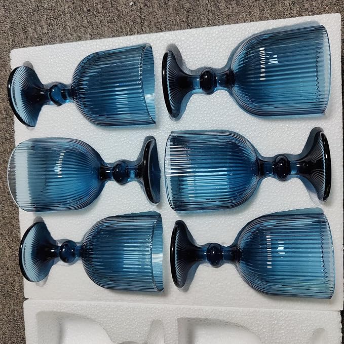 Blue Glasses Drinking Water Goblets set of 6 Big Vintage Glassware 13oz Colored Wine Glasses for Wedding Party Bar Vertical Line Embossed Pattern Stemmed Cups 400ml