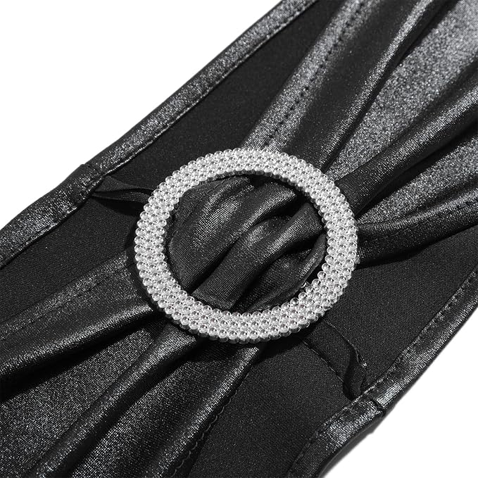 Dimatic 10 PCS Spandex Stretch Chair Sashes Bow Elastic Chair Cover Bands with Buckle Slider for Wedding, Banquet, Party, Hotel Event Decorations - Black - Image 2