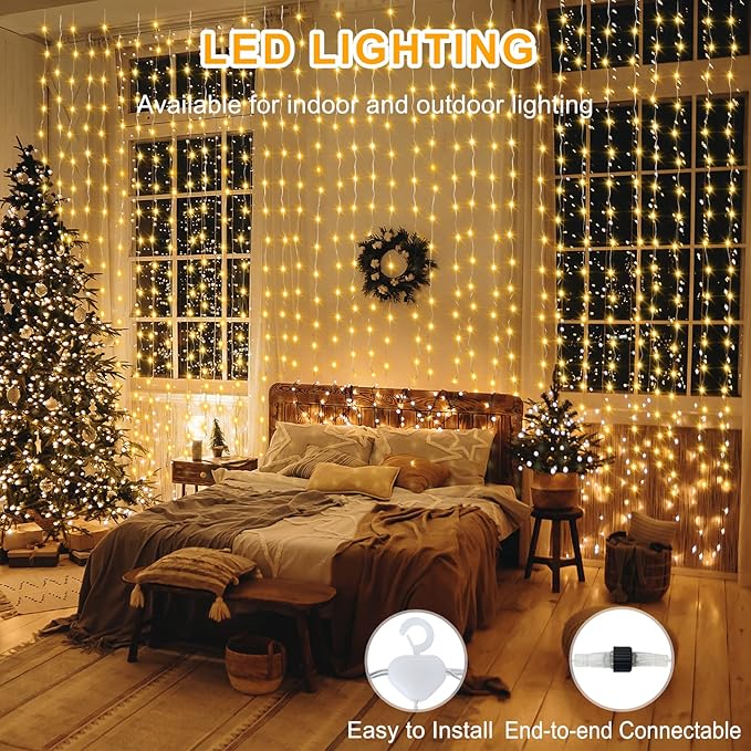 ZAIYW 10x10Ft Curtain Lights Connectable Warm White & Multicolor Changing 300 LED Curtain Lights Plug in with Remote Control Curtain String Lights Waterproof for Indoor Outdoor Decor