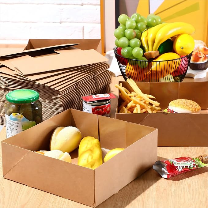 Teling 50 Pcs Kraft Paper Cardboard Food Trays Disposable Container, Brown | 10.4"x10.4"x3.7" Kraft Paper Holders Bulk, Party Theaters Stadiums Catering, Fast Food Container Boxes Foldable Design - Image 6