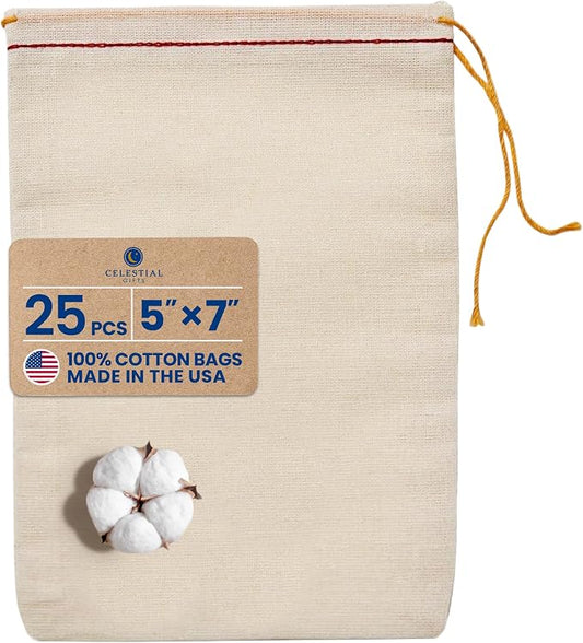 Celestial Gifts 100% Cotton Drawstring Muslin Bags, Medium 5x7, 25 Pcs | Made in USA, Reusable Tea Bags, Jewelry & Spice Gift Sachets, Red & Orange Drawstrings, Reusable Cotton Pouches for Soap by CelestialGifts
