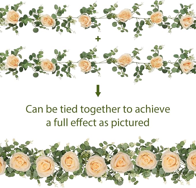Dolicer 2Pcs 13Ft Artificial Eucalyptus Garlands with Flowers - 8 Roses, Faux Floral Greenery Garlands Fake Flowers Vines for Wedding Table Centerpieces Arch Party Ceremony Backdrop Decor (Champagne) - Image 9