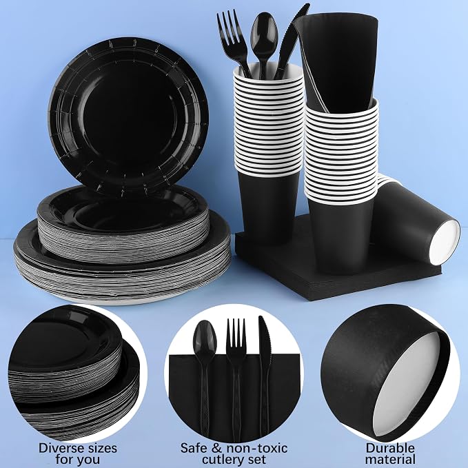 durony 350 Pieces Black Paper Dinnerware Set 7 Inch 9 Inch Disposable Dinner Plates Serve 50 Guests Paper Cup Cutlery Napkins Solid Color Party Supplies for Birthday Wedding Party Family Picnic - Image 3
