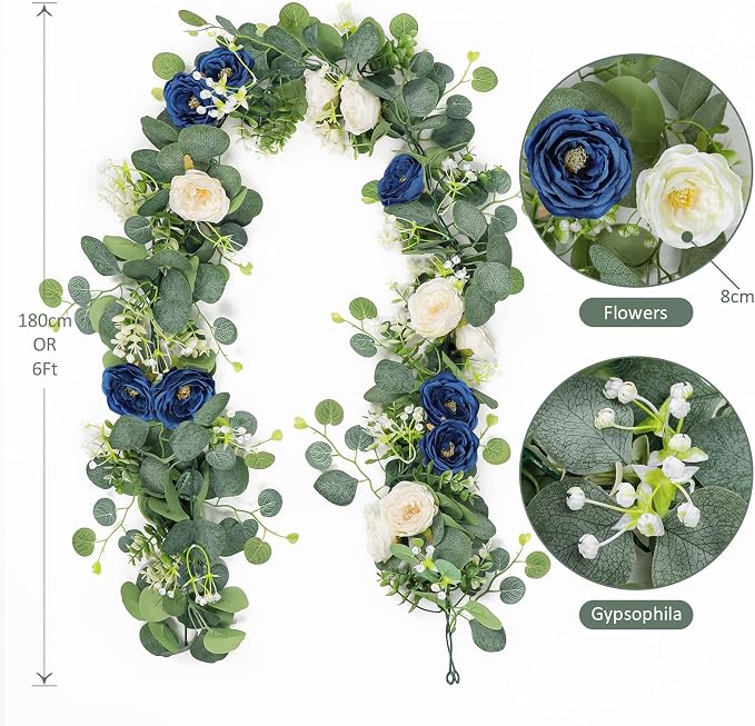 TOCHGREEN 4 Pack Artificial Eucalyptus Flower Garland with White Blue Roses | Fake Rose Flower Greenery Garland Floral Vines for Wedding Centerpiece Backdrop Home Party Table Runner Decor - Image 3