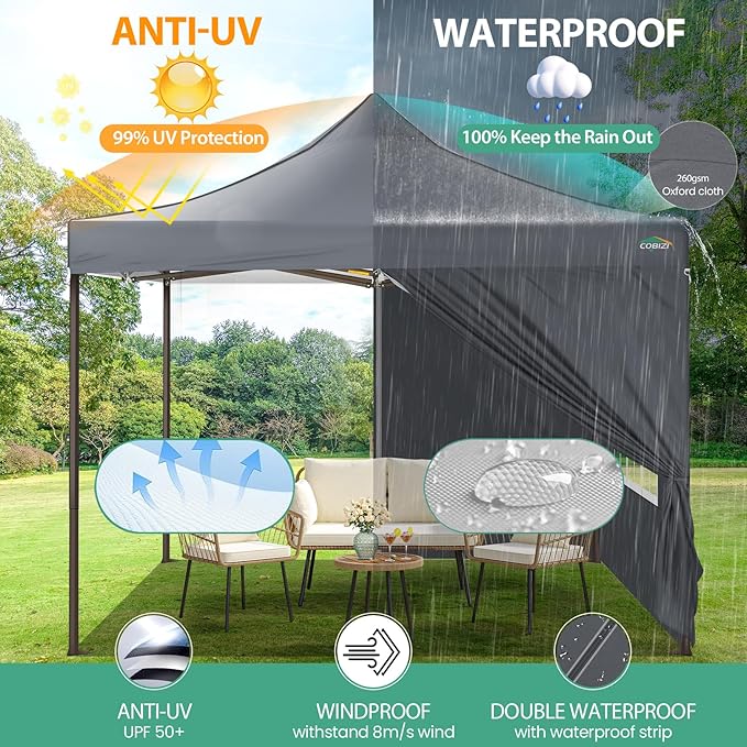 COBIZI 10x10 Pop Up Canopy Tent Heavy Duty with 4 Sidewalls, Commercial Easy Up Instant Canopy Outdoor for Events Party Wedding, All Weather Waterproof UV 50+ with Carry Bag (Leg Upgraded), Gray