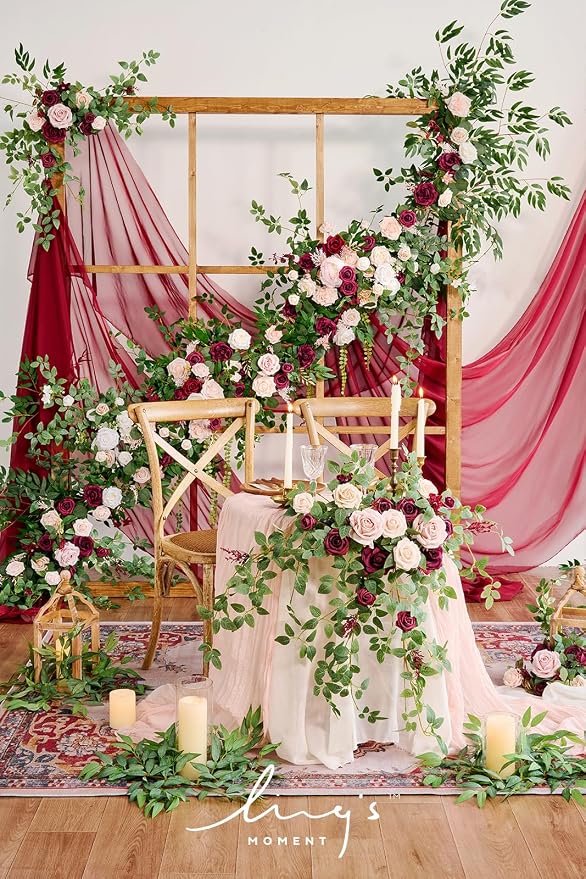 Ling's moment Burgundy Eucalyptus Flower Garland Wedding Arch 9 FT | Blush Rose & Eucalyptus, Greenery, Sweetheart Table Decor, Marsala Floral Garland for Mantle, Centerpieces, Backdrop - Image 4