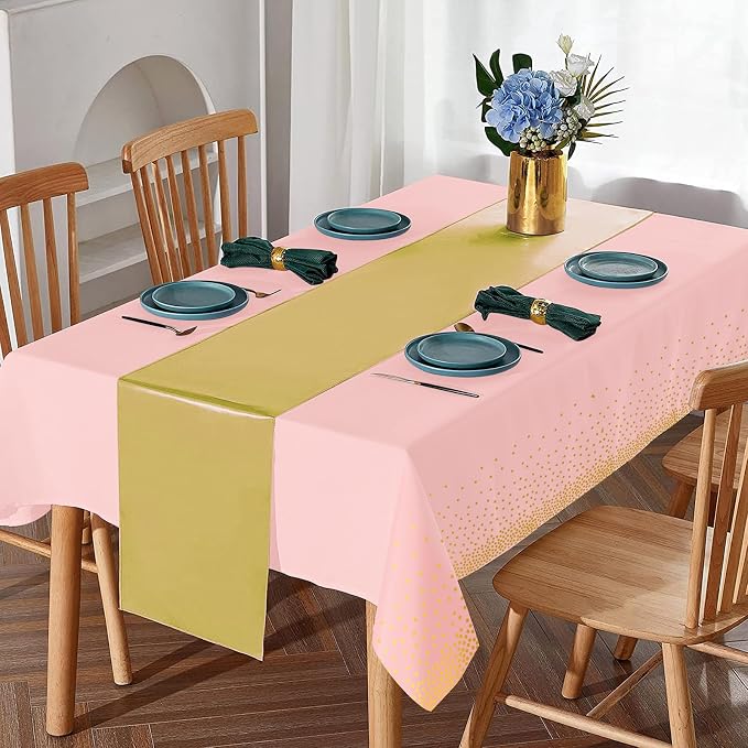 16Pack Disposable Plastic Tablecloths and Satin Table Runner Set Pink and Gold Dot Tablecloth Gold Satin Table Runner for Wedding Birthday Baby Shower Anniversary Christmas New Year Party Supplies - Image 4
