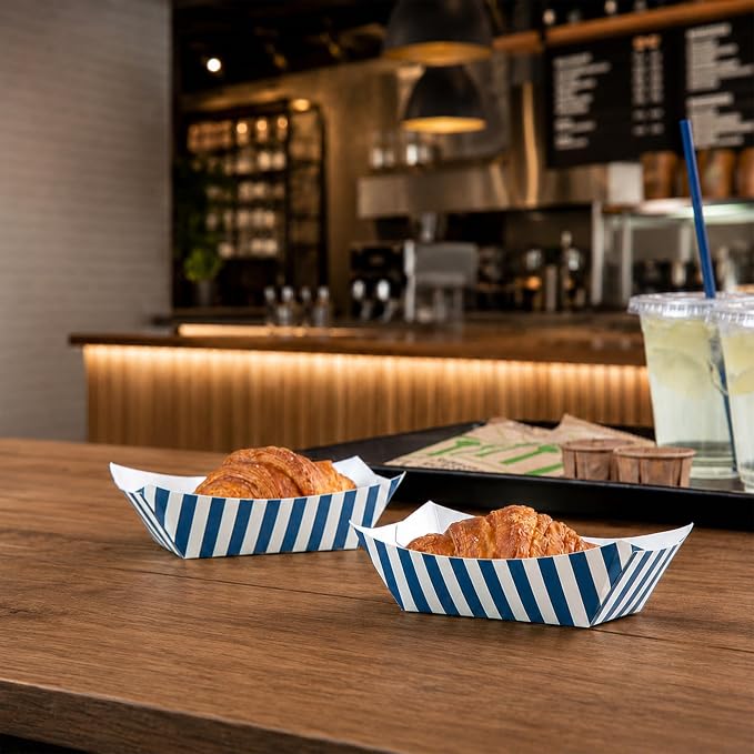 Restaurantware Bio Tek 6 Ounce Boat Paper Boats 400 Disposable #40 Food Trays - PE Lining Durable Blue And White Striped Paper Food Baskets For Concession Stands Picnics or Fairs - Image 4