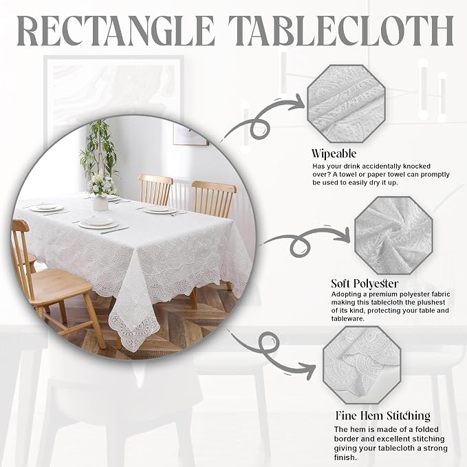 Majestic Giftware Polyester Tablecloths for Rectangle Tables - White Lace | (70/144) - TC1700 Elegance Design Dining Table Cover | Decorative Washable Tablecloth for Home, Kitchen, Dining - Image 2