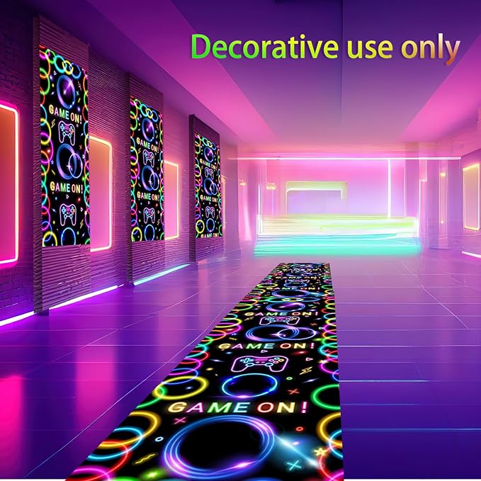 Haull 118 x 39 Inch Glow in The Dark Runner Neon Light up Dance Floor Black Light Party Decor 80s 90s Disco Party Supplies Neon Table Cloths Tapestry UV Rug Backdrop Props(Game on)