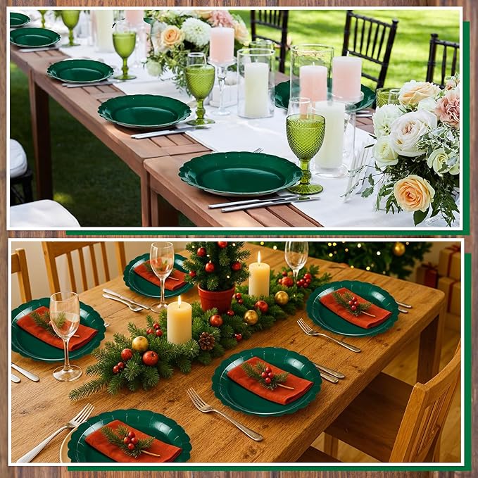 30 Pcs Dark Green Plates 9 Inch Scalloped Green Paper Plates Disposable Dessert Dinner Plate for Wedding, Master Party, Bridal Baby Shower